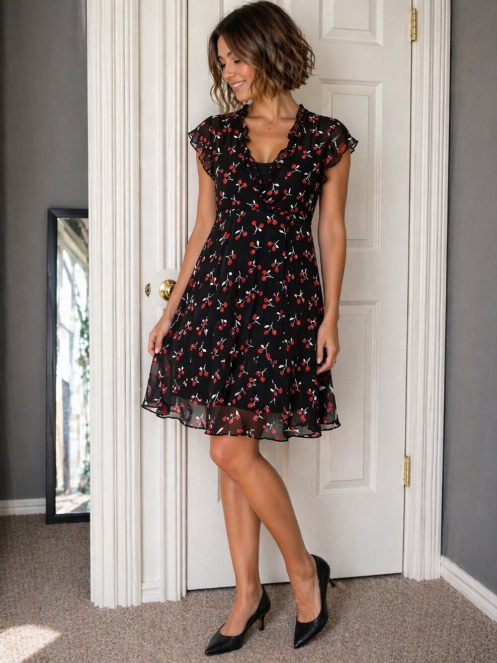 Black Cherry Print Dress, Sheer Ruffle Sleeve Dress, Flowy A Line Mini Dress